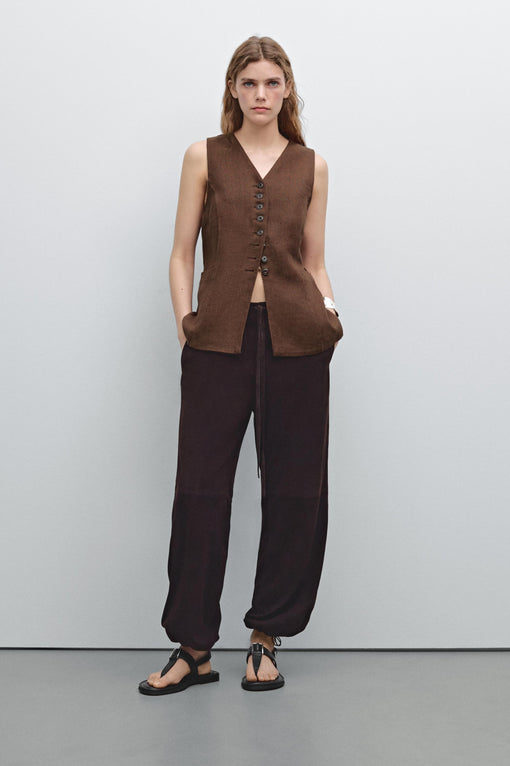 Long waistcoat with linen fabric detail