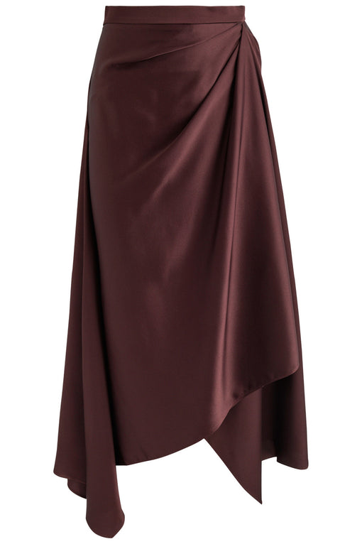 Asymmetric draped satin midi skirt