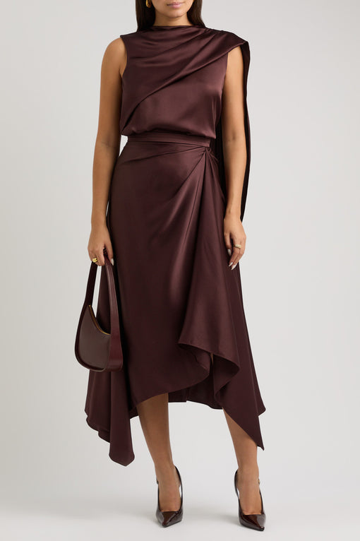 Asymmetric draped satin midi skirt