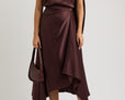 Asymmetric draped satin midi skirt