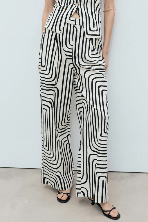 Geometric-print linen trousers