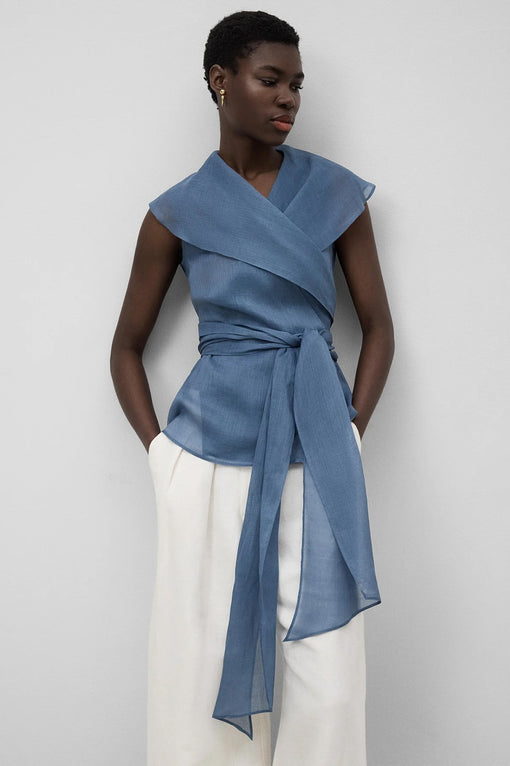 Ramie Crossed Shawl Collar Top Woman