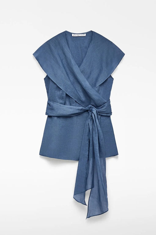 Ramie Crossed Shawl Collar Top Woman