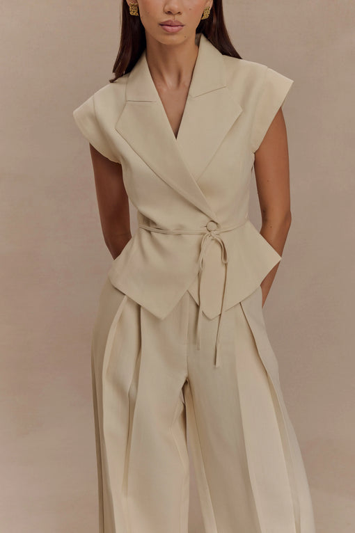 Mid Rise Wide Leg Linen Pant - Natural Beige