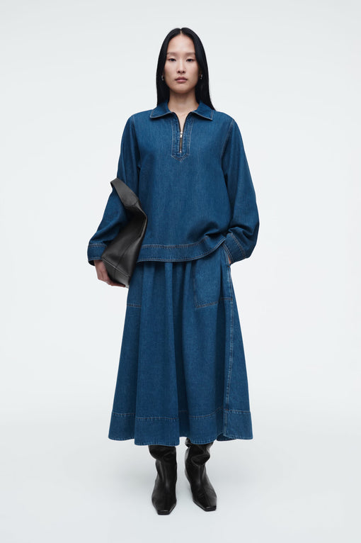 ELASTICATED DENIM MIDI SKIRT
