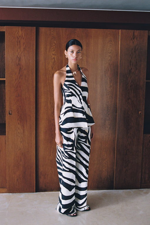 Zebra-print pleated wideleg trousers