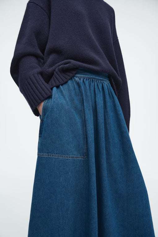 ELASTICATED DENIM MIDI SKIRT