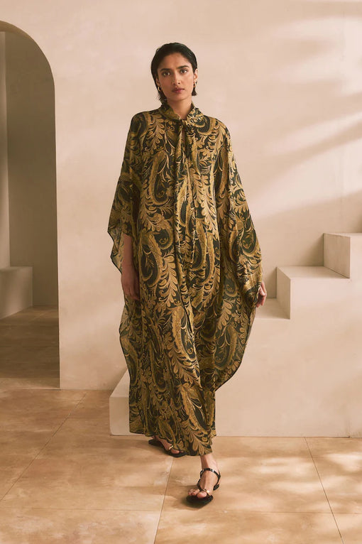 Black and Gold Paisley Print Occasion Kaftan Style V-Neck Maxi Dress