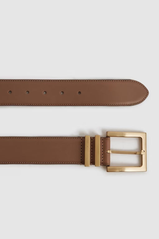 Brompton Leather Square Buckle Belt in Camel/Taupe