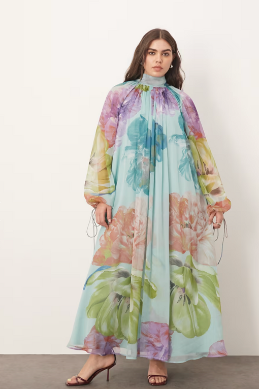 Curve chiffon trapeze maxi dress with balloon sleeve