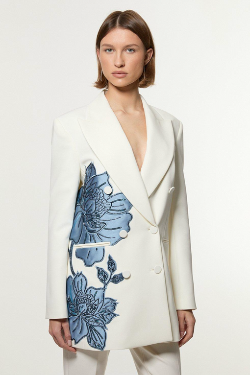 Tailored Applique Satin Beaded Tuxedo Blazer