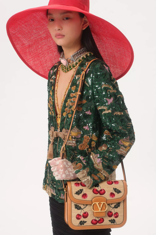 VALENTINO GARAVANI 9TO5 SHOULDER BAG IN JACQUARD RAFFIA WITH CHERRYFIC MOTIF