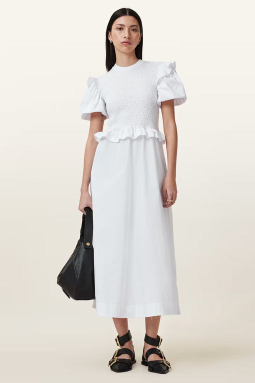 Ode Shirred Puff Sleeve Midi Dress