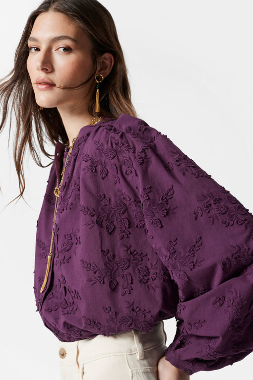 Voluminous Floral-Appliqué Blouse