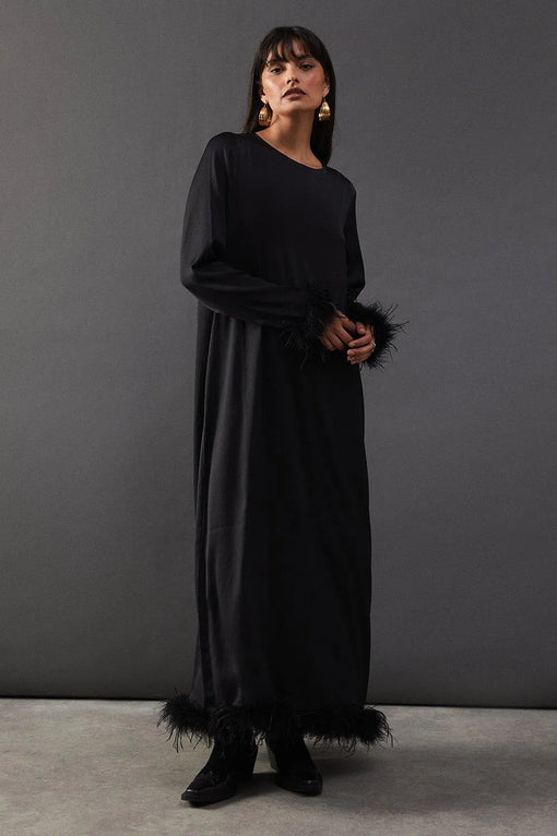 Premium Satin Feather Trim Button Back Midi Dress