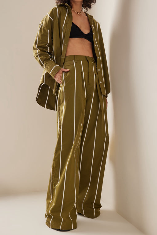 Port Pleated Striped Cotton Wide-Leg Trousers
